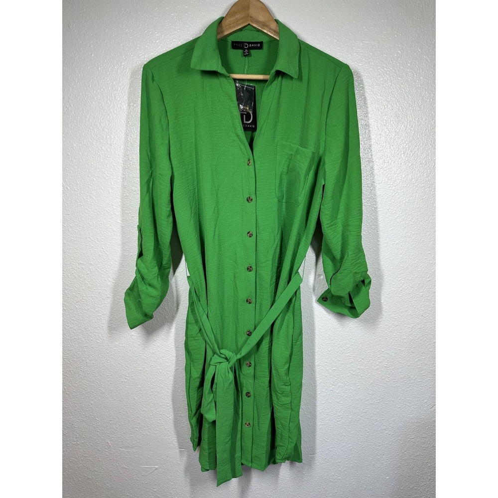 Fred David Shirt Dress Womens Medium Green Button Front Belted Tab Sleeve Pocket